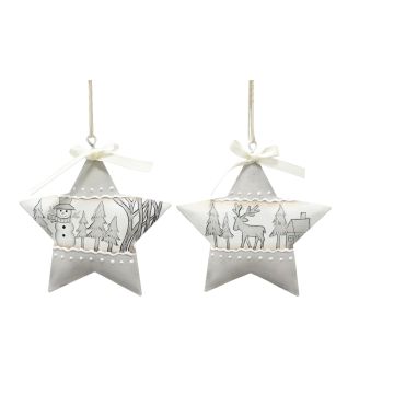 Christmas Tree Decoration - Assorted White Metal Star - Pack of 2