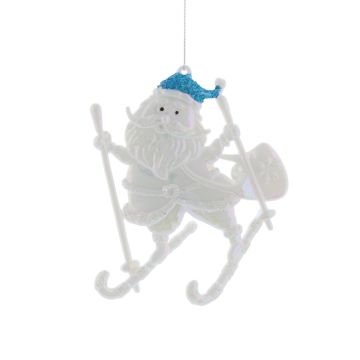 Christmas Tree Decoration - White Iridescent Skiing Santa with Blue Hat