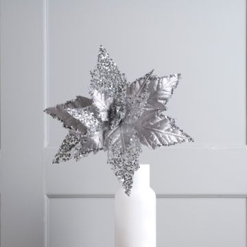 Christmas Decoration - Silver Velvet Poinsettia Stem - 45cm