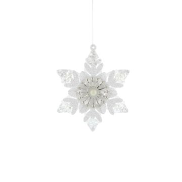 Christmas Tree Decoration - Wooden White Glitter Snowflake with Pearl