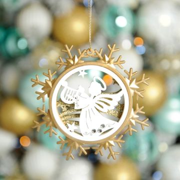 Christmas Tree Decoration - Gold Wooden Disc with White Angel and Harp