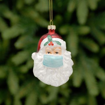 Christmas Tree Decoration - Glass Santa Head with Surgical Mask