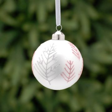 Christmas Tree Decoration - Matt White with Red Twig Tree Glass Bauble