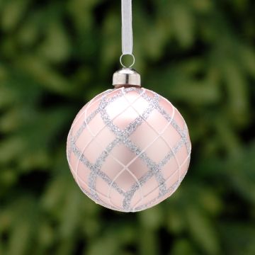 Christmas Tree Decoration - Matt Pink Glass Bauble with Silver Tartan Design 