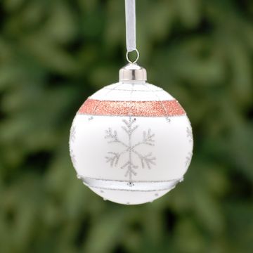 Christmas Tree Decoration - Matt White Bauble with Grey and Pink Band