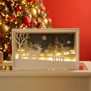 Christmas Decoration - Led Wooden White Reindeer Scene - Battery Operated