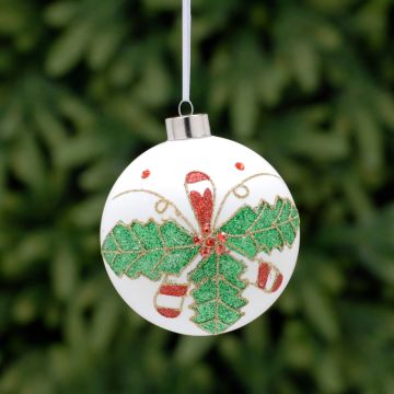 Christmas Decoration - Candy Cane Glass Bauble with Green Holly Leaf Design