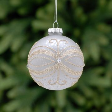 Christmas Tree Decoration - Silver Gold with Glitter Lines Glass Bauble