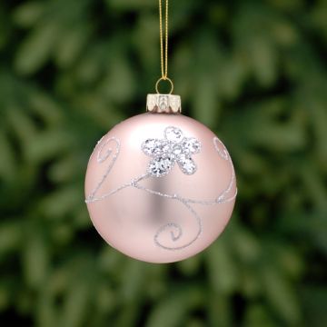 Christmas Tree Decoration - Pink with Silver Glitter Flowers Glass Bauble