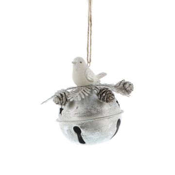 Christmas Tree Decoration - Metal Silver Bell with Foliage and White Bird