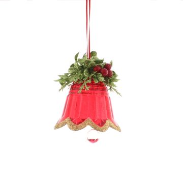 Christmas Tree Decoration - Red Bell with Gold Glitter Trim