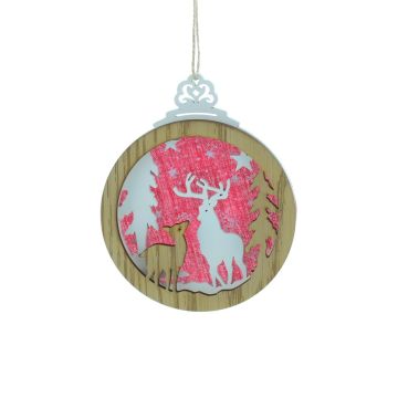 Christmas Tree Decoration - Wooden White and Red Fabric Deer Scene