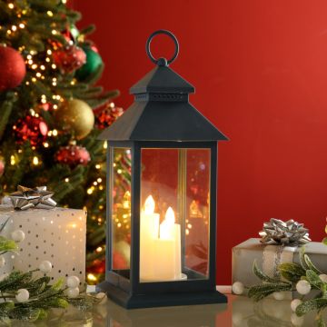 Christmas Decoration - Blue Lantern In Warm White Light Candles - 31cm