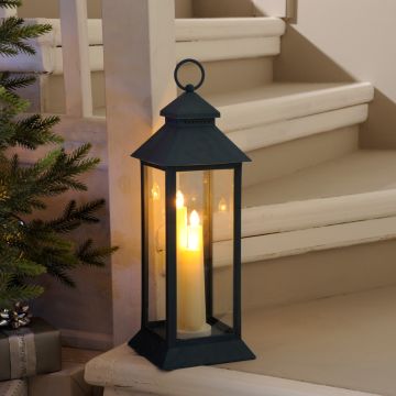 Christmas Decoration - Blue Lantern In Warm White Light Candles - 39cm