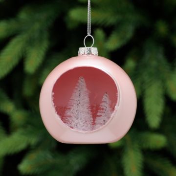 Christmas Tree Decoration - Pastel Pink Glass Bauble with Tree Scene - 8cm