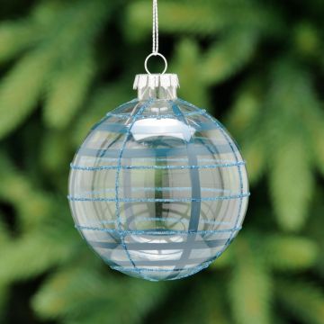 Christmas Tree Decoration - Clear Glass Bauble with Blue Glitter Lines