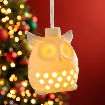 Christmas Tree  Decoration - Lit Ceramic White Owl