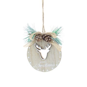 Christmas Tree Decoration - Hanging Wooden Circle with Reindeer Head