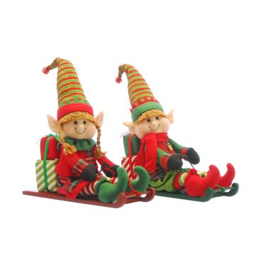 Christmas Decoration - Red and Green Elves on Sleigh - Pack of 2