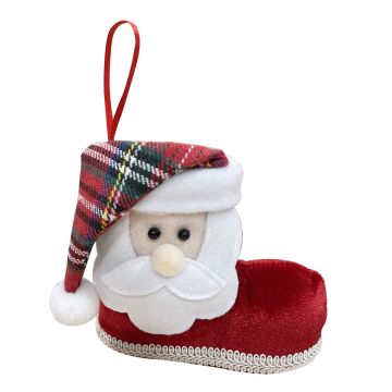 Christmas Decoration - Hanging Santa Boot with Tartan Hat