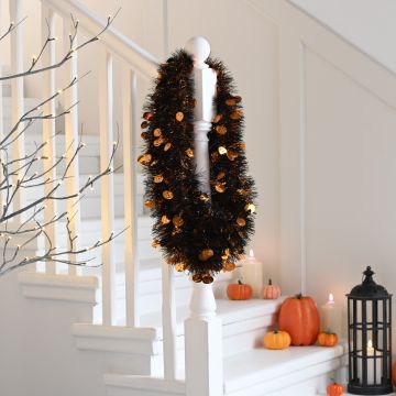 Christmas Tree Decoration - Long 5m Orange and Black Pumpkin Tinsel