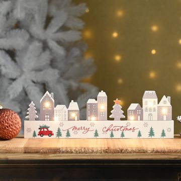 Christmas Decoration - Led White Wooden Village Scene 