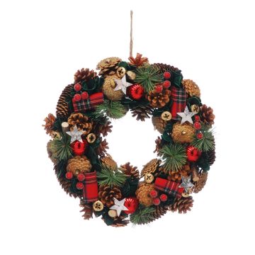 Christmas Decoration - Pinecone Wreath with Tartan Ribbon - 36cm