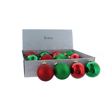 Christmas Tree Decoration - Assorted Red and Green Glass Baubles - Pack of 12