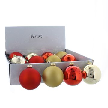 Christmas Tree Decorations - Assorted Red and Gold Glass Baubles - Pack of 12