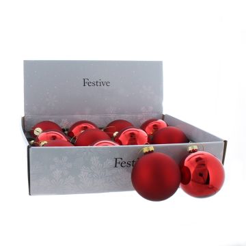 Christmas Tree Decoration -  Red Glass Baubles - Pack of 12