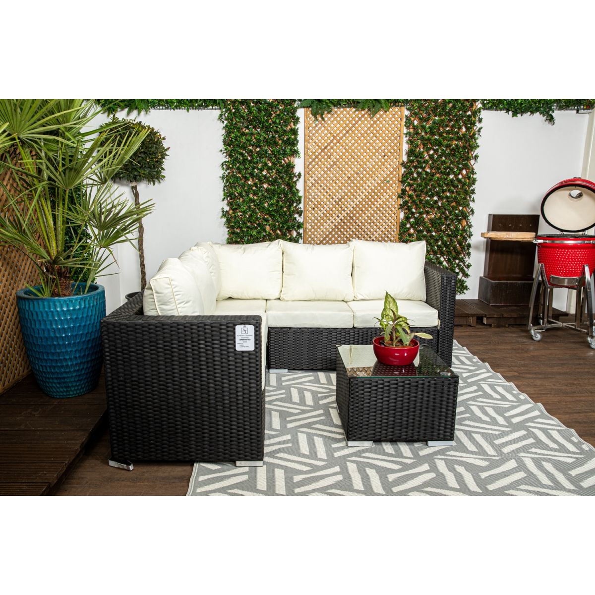 Mykonos Black Cream Compact Corner Sofa Set in classic Black Rattan with Glass topped Coffee