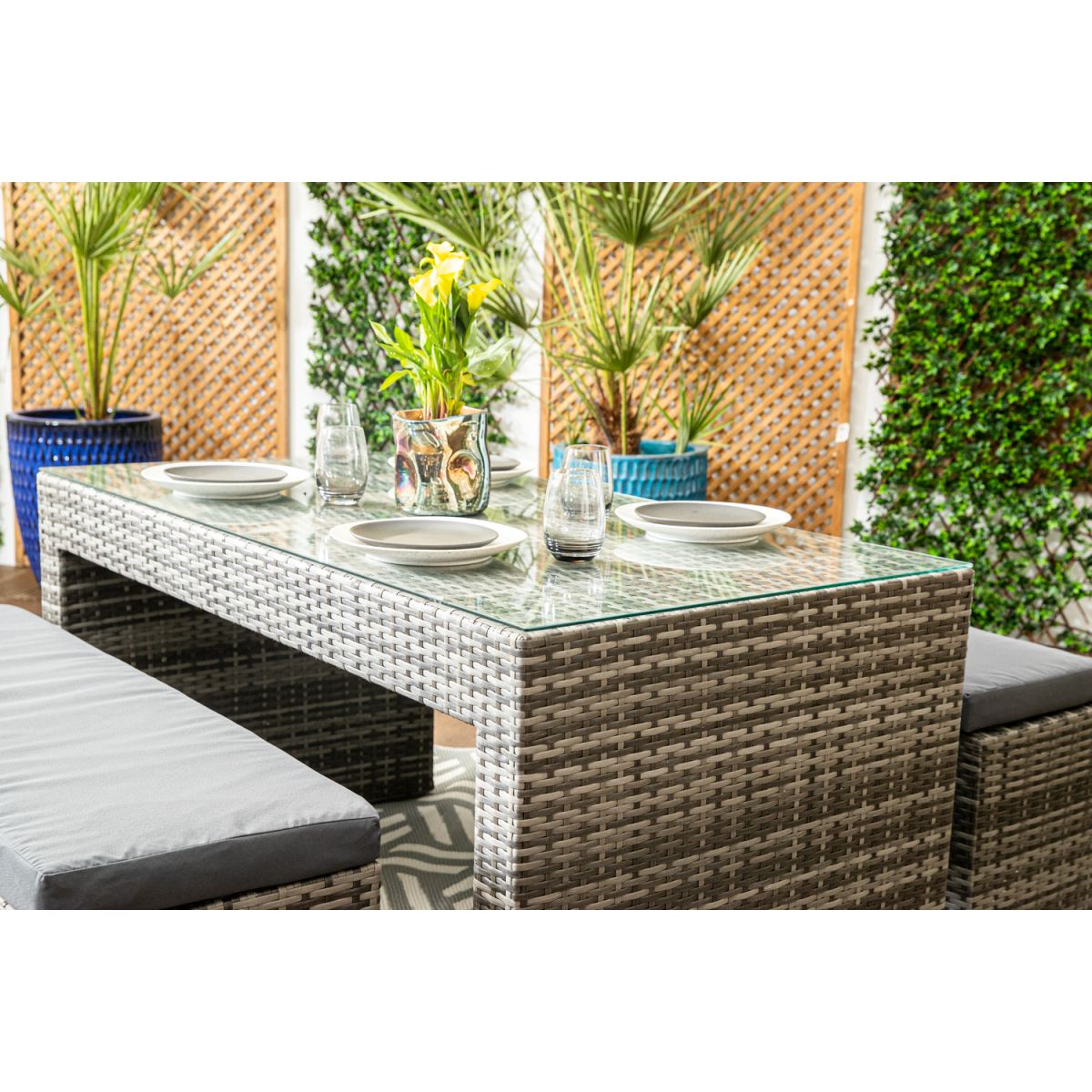 Naples Glass Topped Luxury Grey Rattan Picnic Table with Two Benches Anthracite Cushions