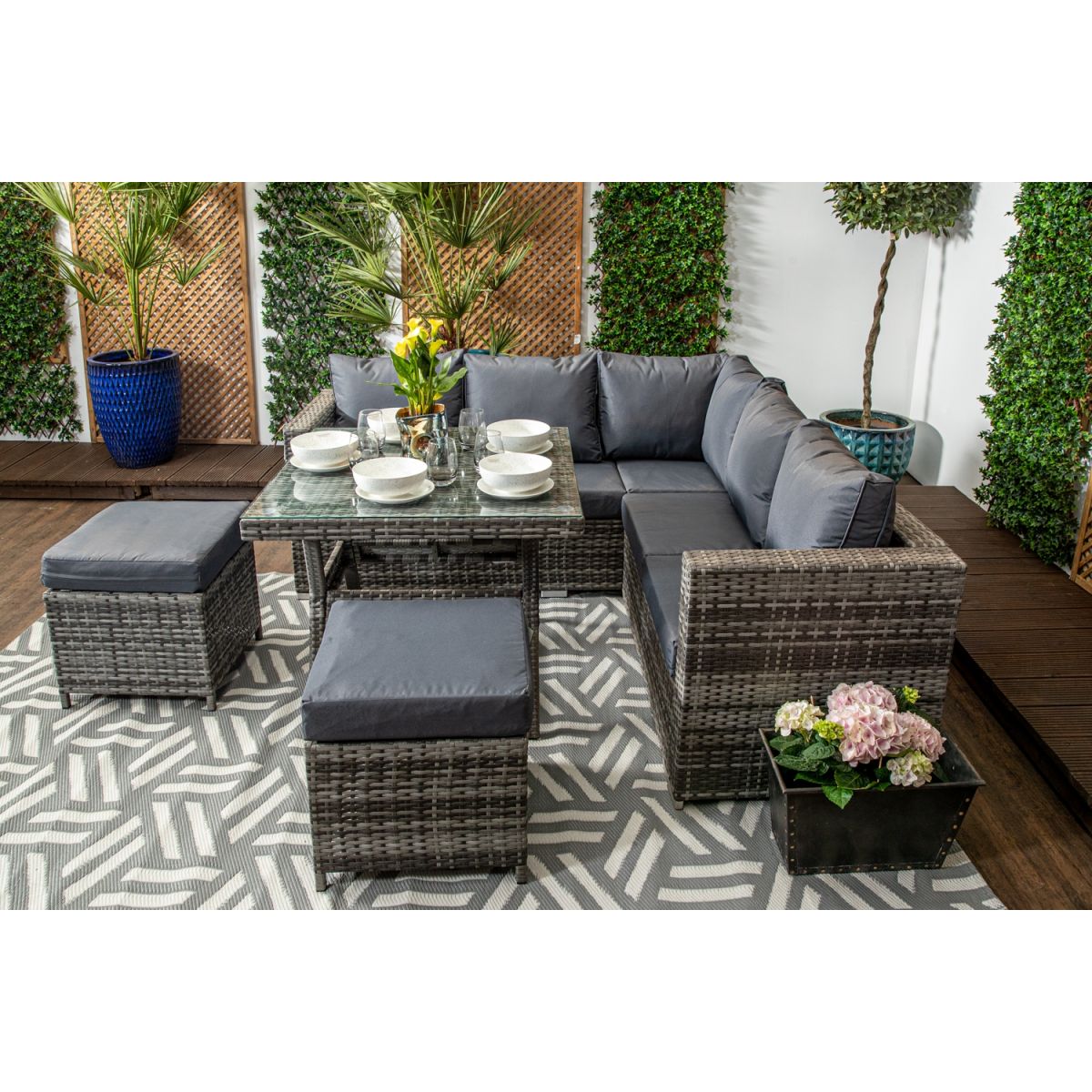 Grey rattan corner sofa with dining table sale